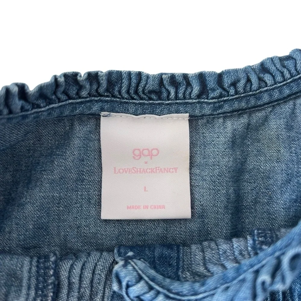 Gap x LoveShackFancy Girl's Denim Ruffle Button-Front Top‎ Size L
